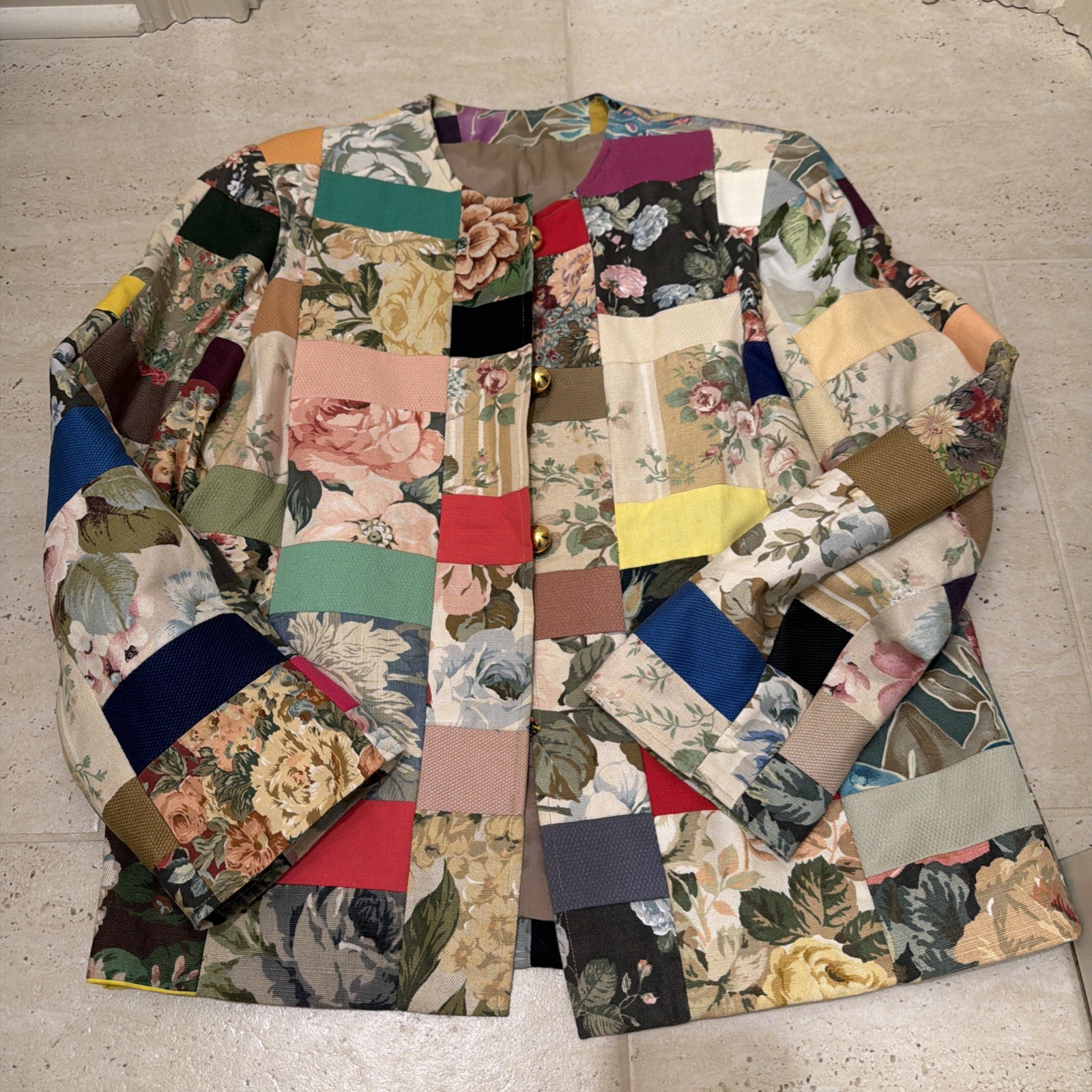 Woman’s Patches Tapestry Blazer Jacket Size 14 Petite Handmade VTG Lined Read: