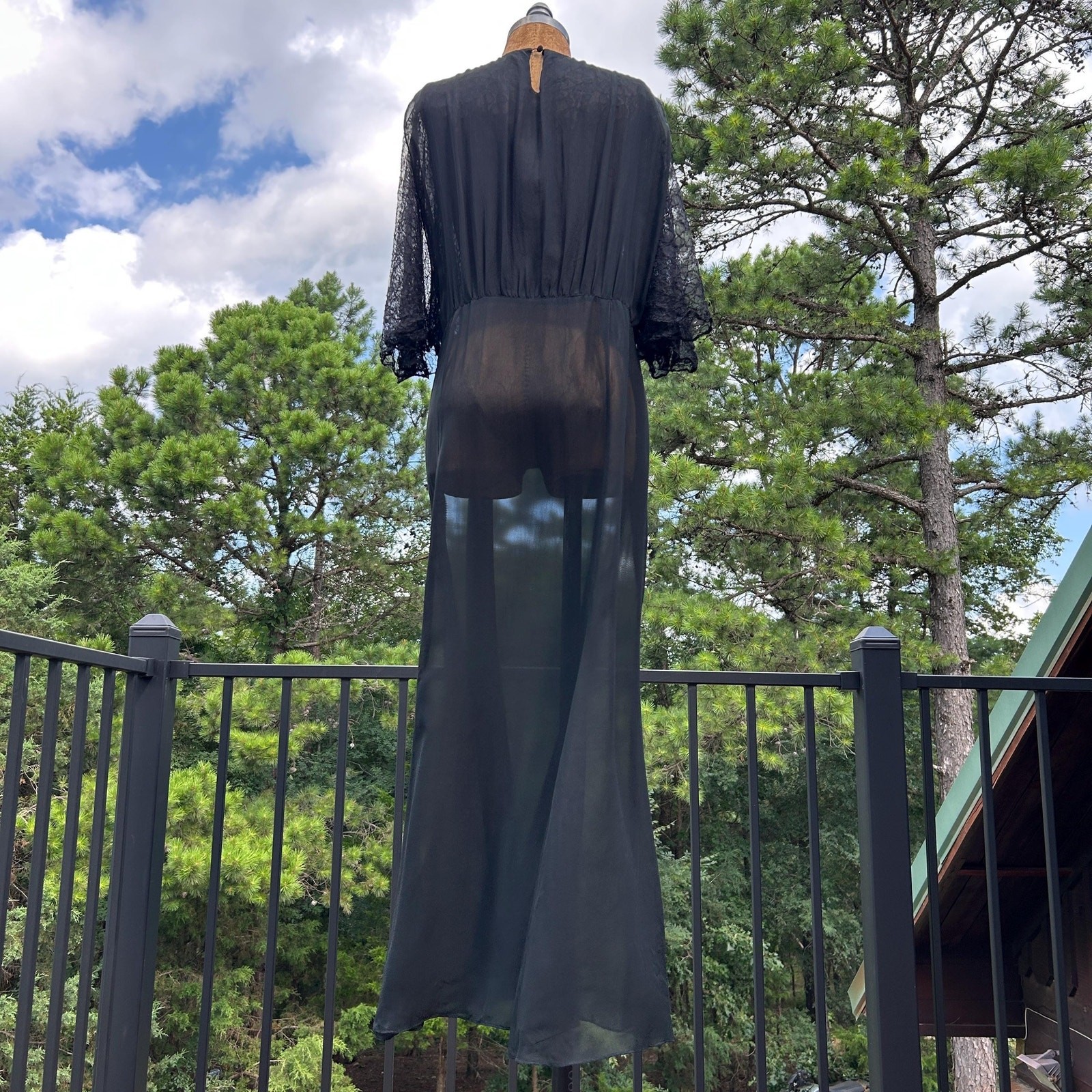 Vintage 30s Black Sheer Silk Chiffon Chantilly Lace Shirred Draped Flowy Midi