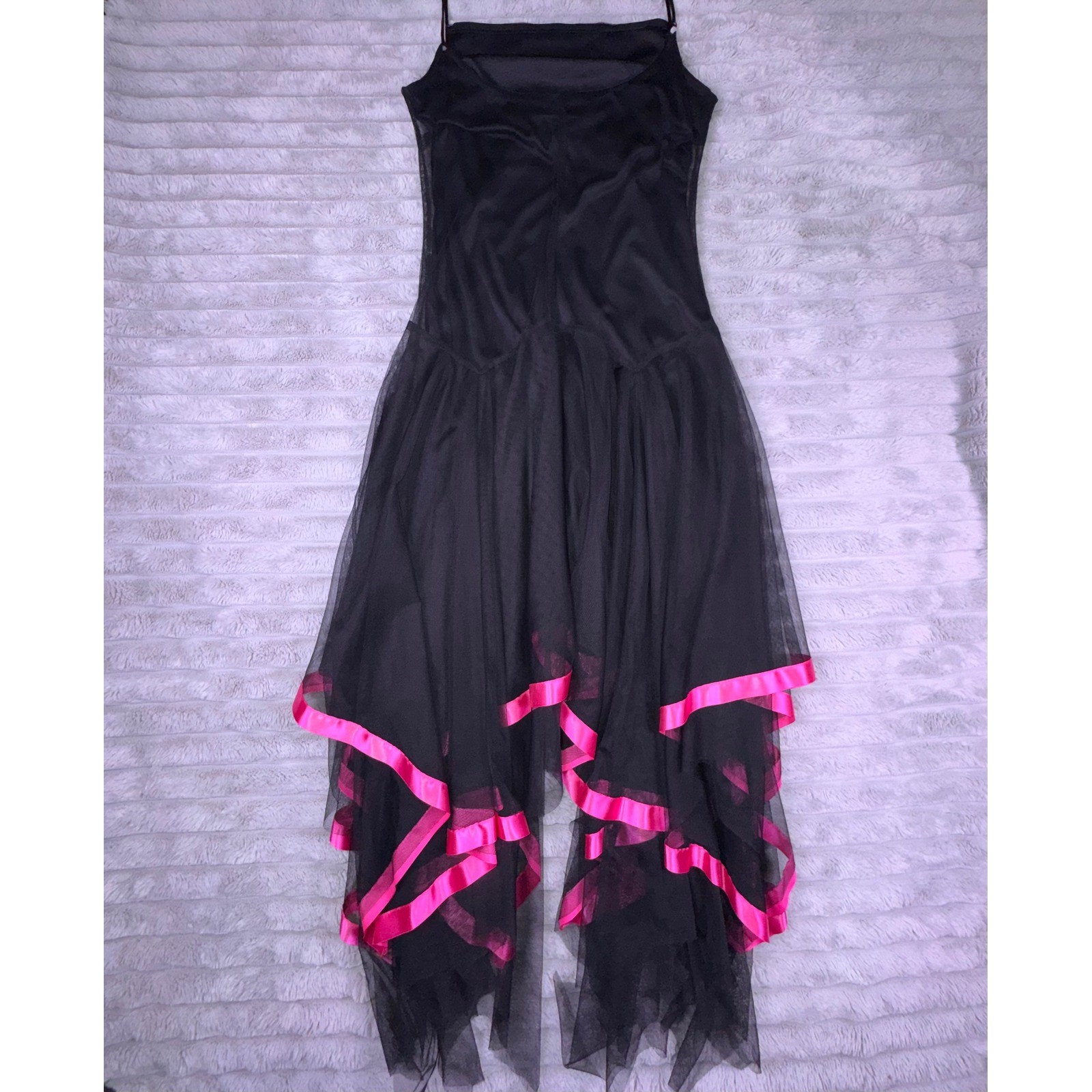 Kiki USA Womens XL Vintage Y2K Black Pink Tulle Drop Waist Handkerchief Dress