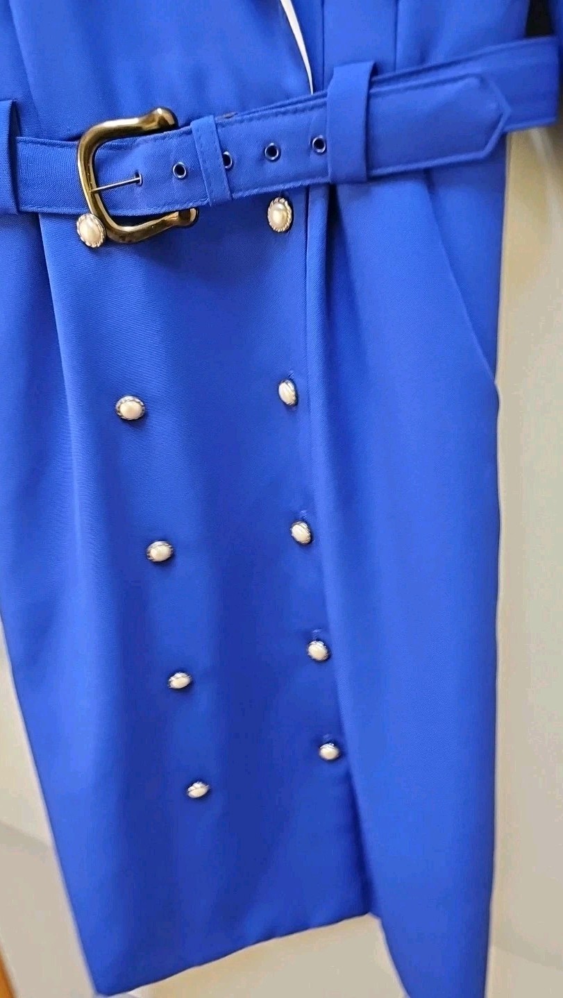 Vtg Miss Dorby Blue & White Double Breasted Belted Blazer Dress 12 P USA ILGWU