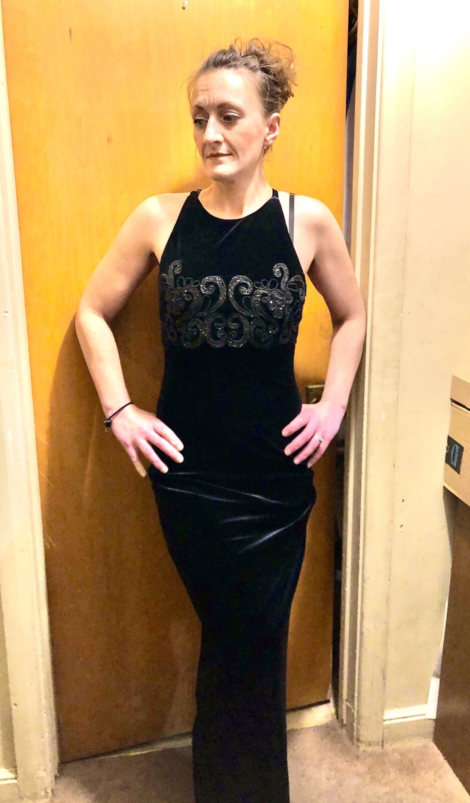 Sz 7/8 Vintage Y2K 1990s Style Maurice’s Black Velvet Halter Dress w Glitter