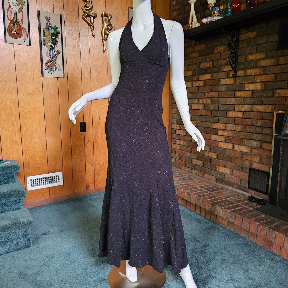Vtg 80s Silver Glitter Goth Mermaid Backless Halter Dress Evening Prom Gown S