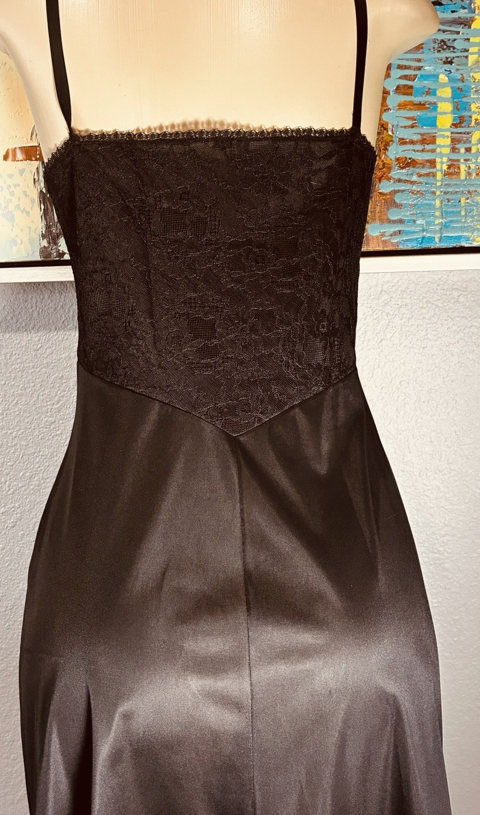 Vtg Vanity Fair Black Nylon Wide Bodice Lace Slip 38