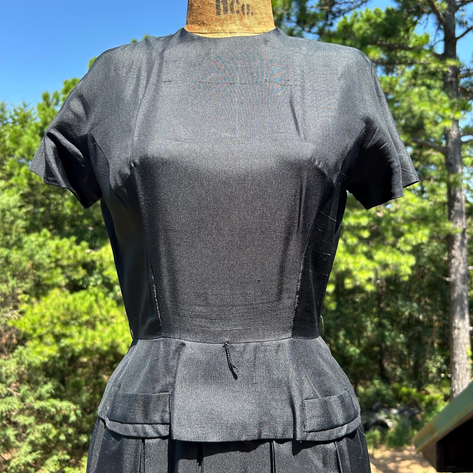 Vintage 50s Black Raw Silk Pleated Peplum Mini Dress by Jonathan Logan XS S
