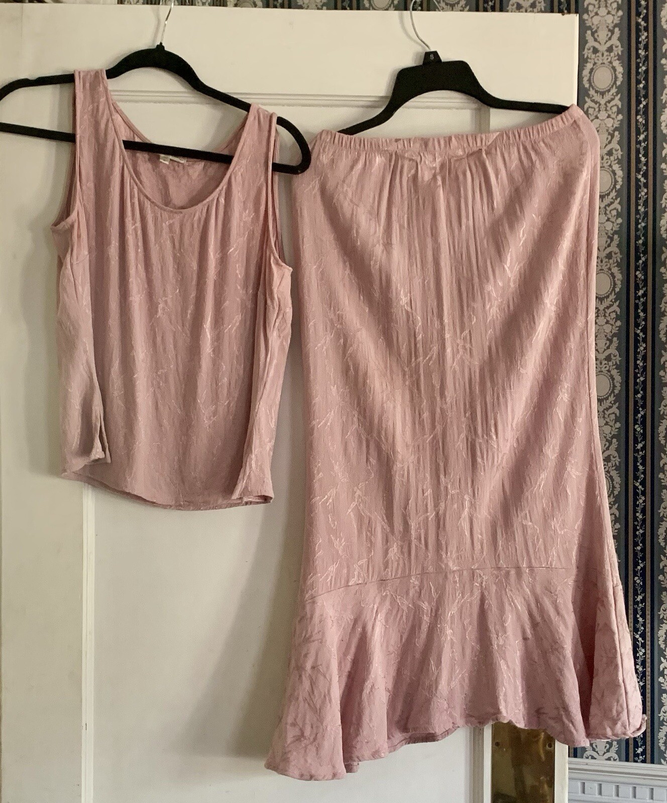 Vtg Spencer Alexis 2 PC Pink MED Lace Shell Tank Top & LG Skirt Fairy Jaquard **