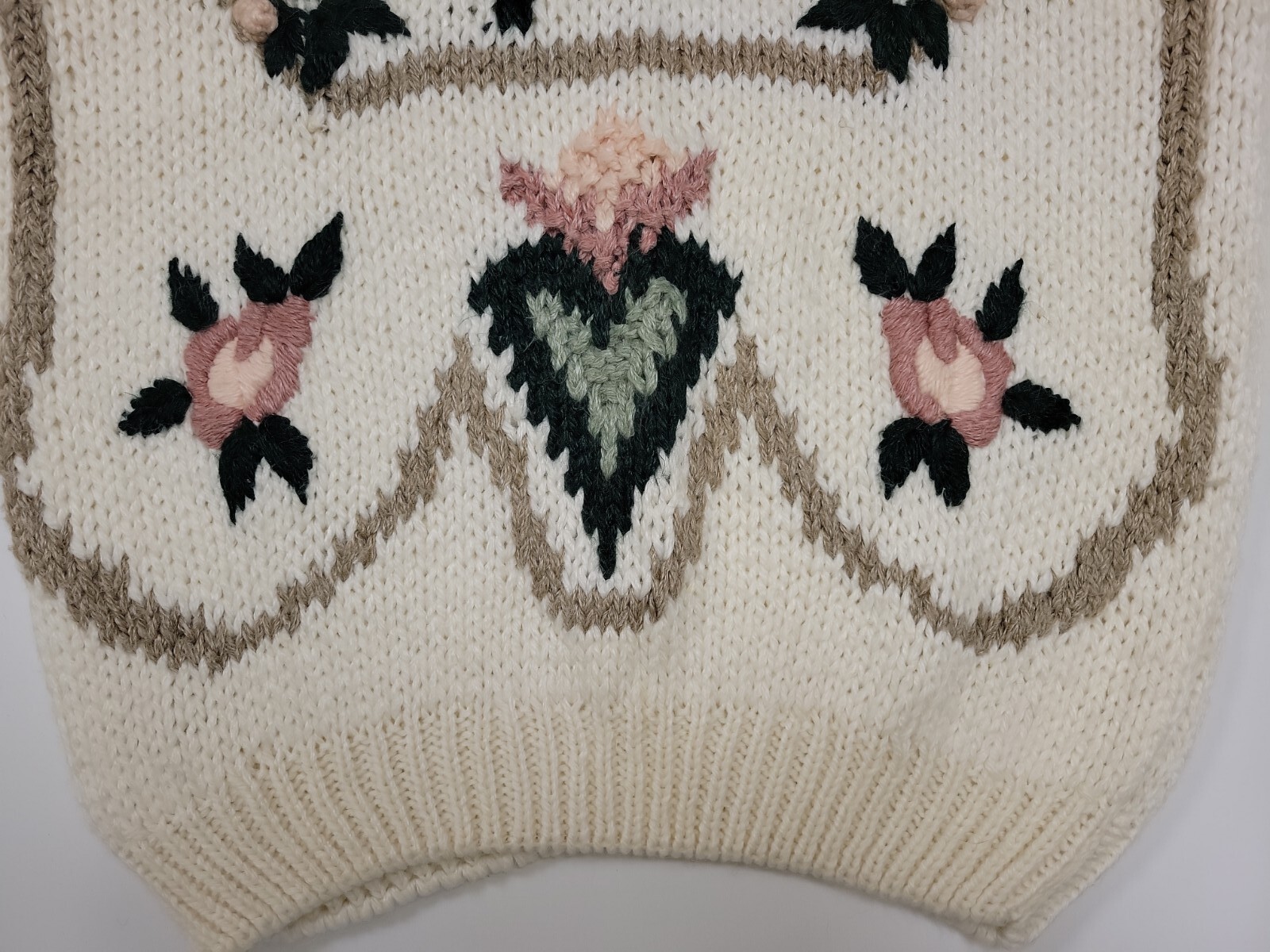 80s 90s Vintage Jamie Scott Tan Knit Floral Cottagecore Sweater Cardigan Women M