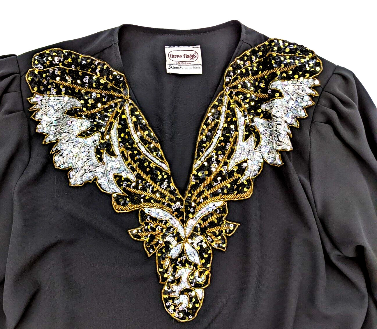 Vintage 80s Top Three Flaggs Size 16 Black Long Sleeve Sequins