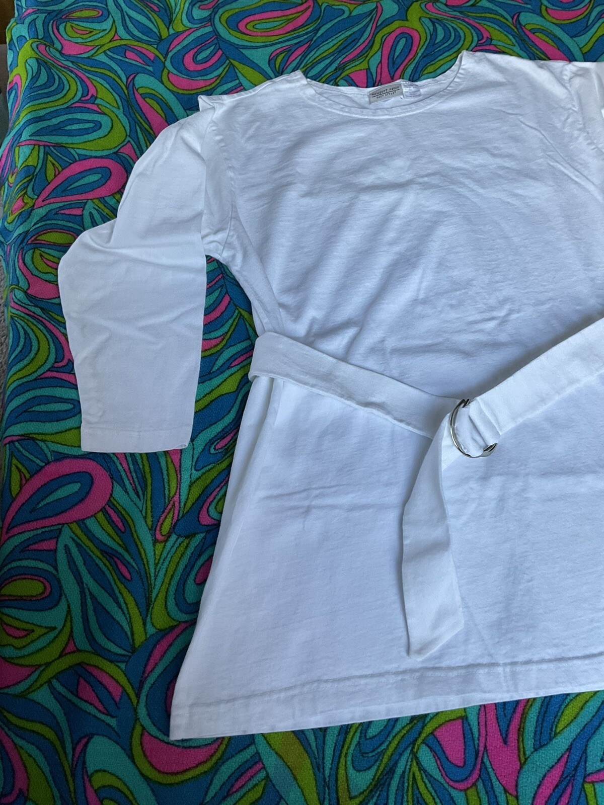 Vintage White DressyT-Shirt 3/4 Sleeve Metal Ring Matching Belt Newport News 90s