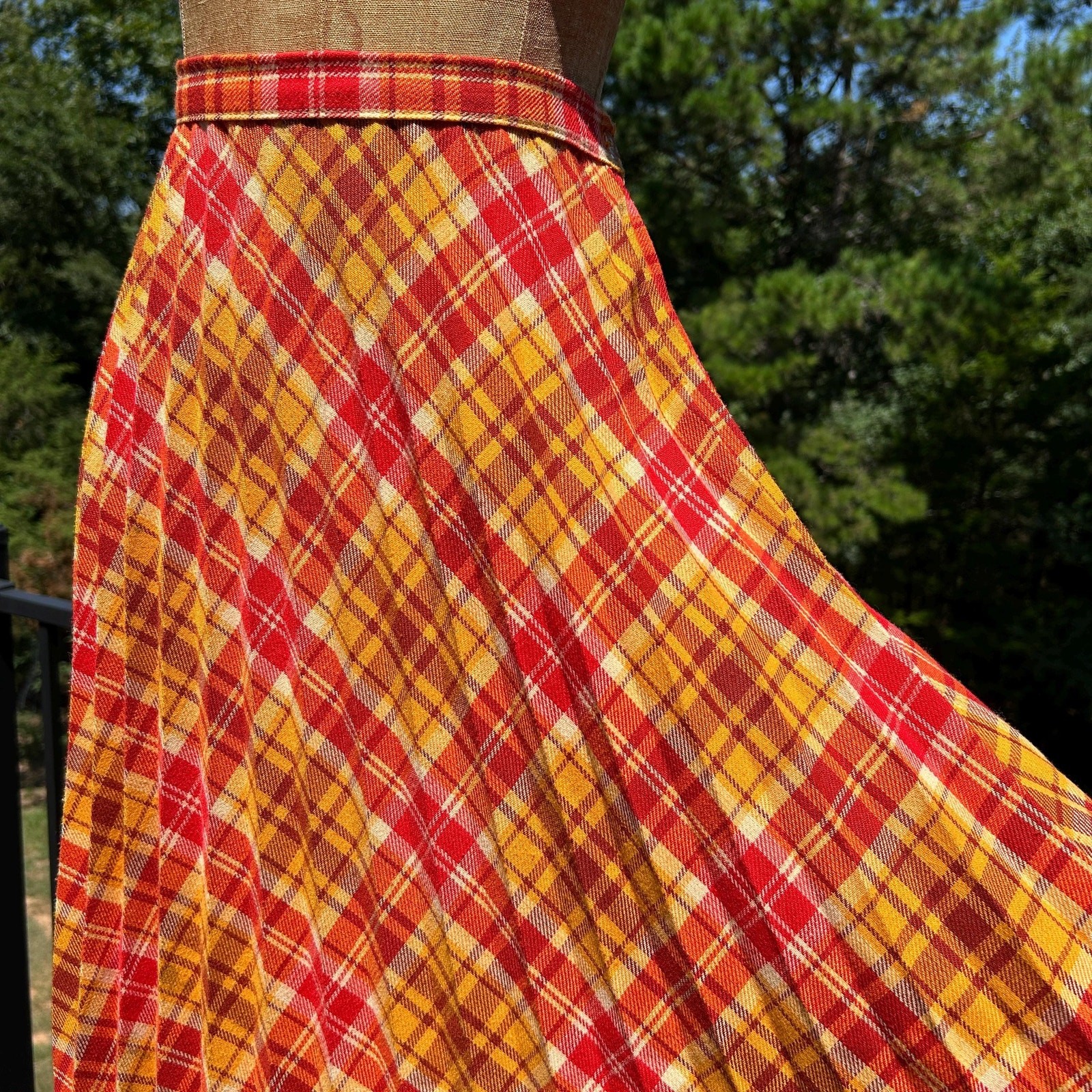 Vintage 60s Red Orange Plaid Accordion Fan Pleat High Waist Full Maxi Skirt M