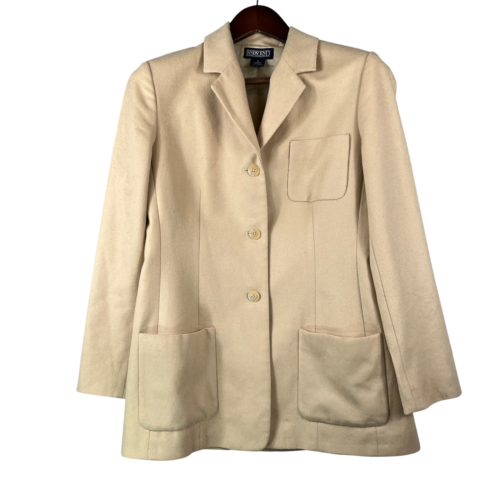 Vintage Lands’ End Wool Cashmere Blazer Womens 8 Beige Lined Classic Jacket