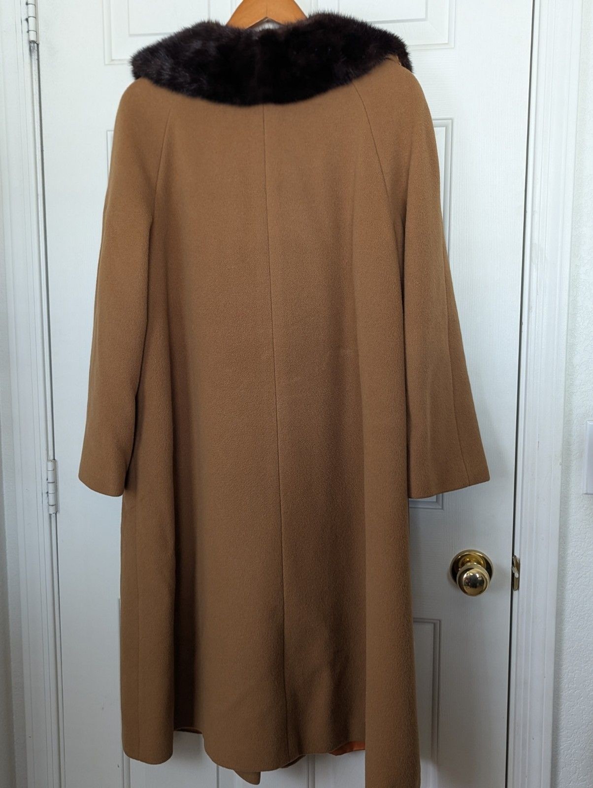 VTG 50s Chinese Cashmere Long Coat Fur Collar Womens XL Carmel Brown USA Made