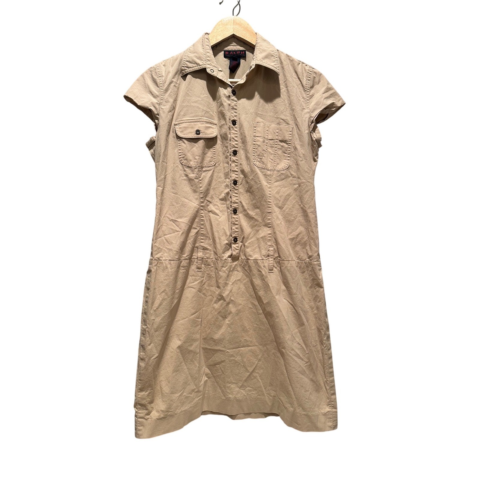 Ralph Lauren Vintage Khaki Safari Shirt Dress Utility Button Front Size 10 Y2K