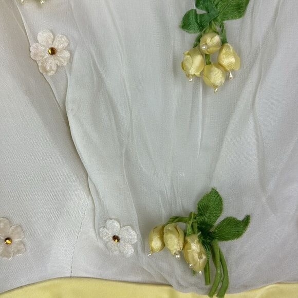 Vtg 60s Yellow Sleeveless Long Dress Floral Pearl Detail SIZE XS/S costume party