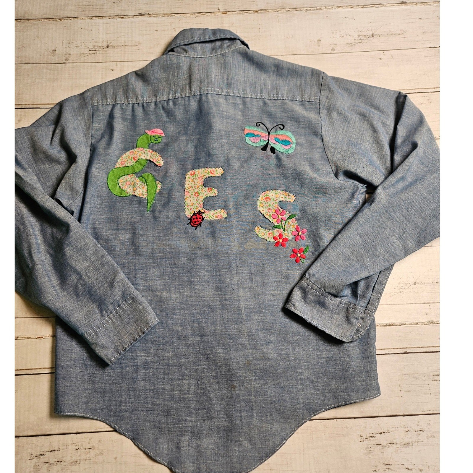 Vintage Big Mac JCPenney Hand Embroidered Chambray Shirt Blue Floral Bird S/M