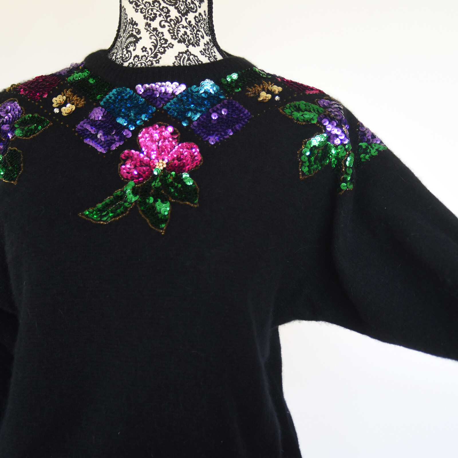 Vintage 80’s Sequin Angora & Lambswool Soft Black Sweater by In Charge Size Med