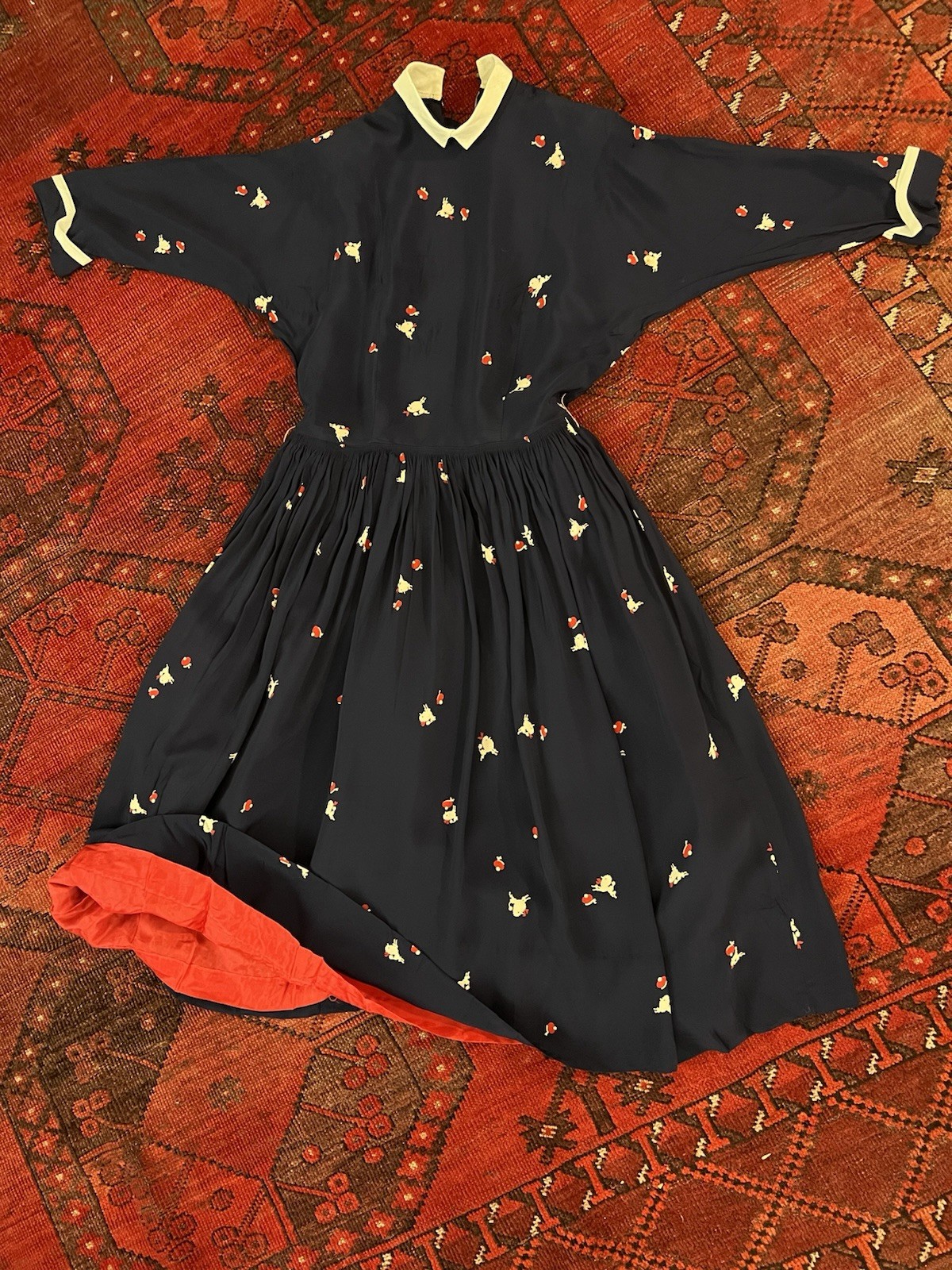 VTG 1950’s Poodle Dog Novelty Prints Blue Dress w Red Lining GOOD CONDITION S M