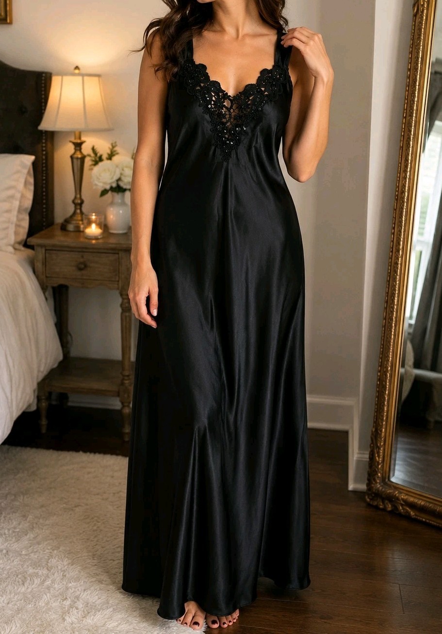 Cinema Etoile Black Satin Slip Dress Sz L Gown Maxi Lace Beaded Neckline USA