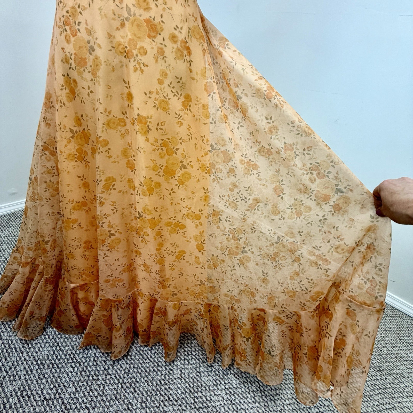 VTG 70s Maxi Dress S Floral Convertible Ruffle Cascade Bustle Train ILGWU USA
