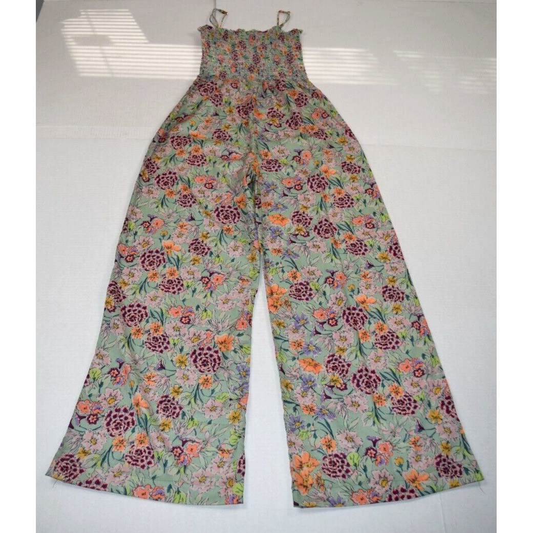 Vintage Jumpsuit Pale Green Size S/M 90s Ruched Bodice Pink Spring Flowers Sheen