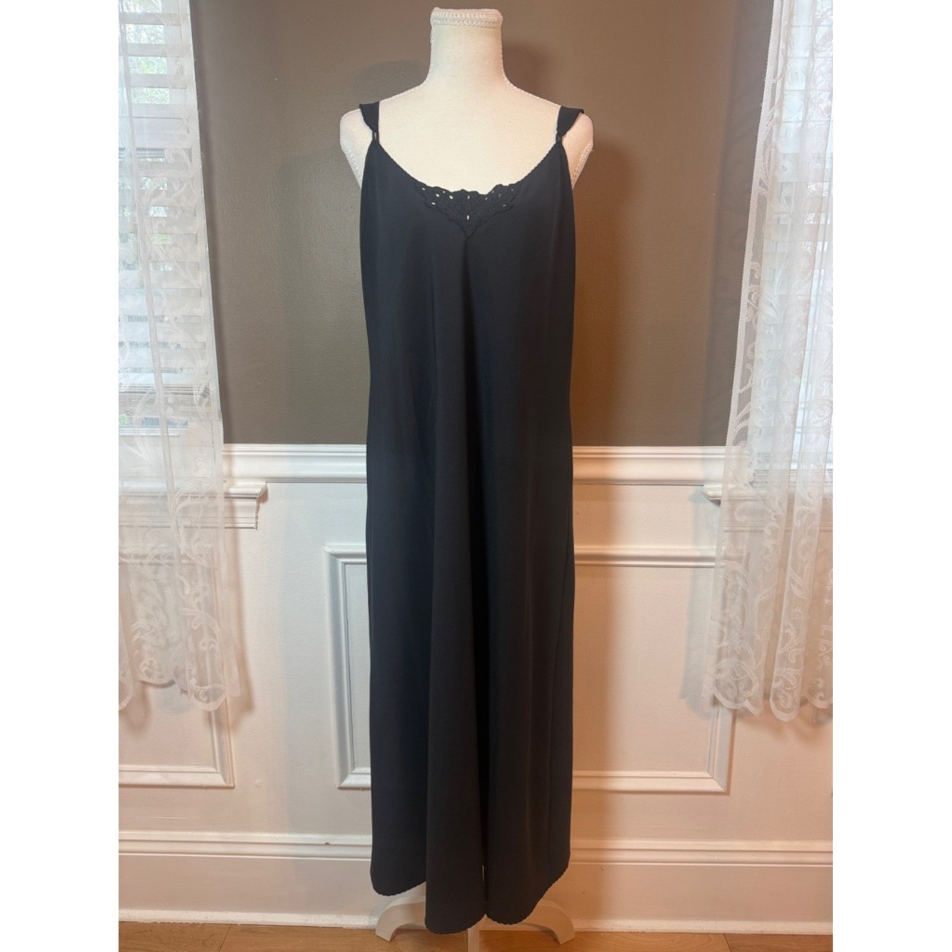 Vintage Vanity Fair Black Slip Dress Embroidered Midi USA M/L