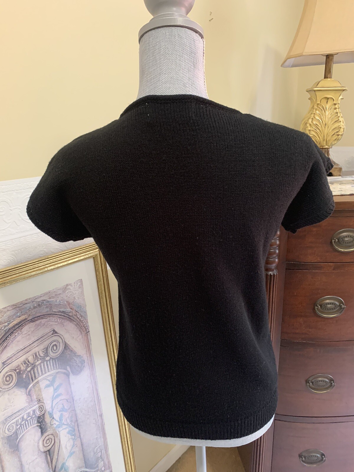 Vintage Gladys Bagley Black Sweater w Silver Triangular Sequined Neckline Size S
