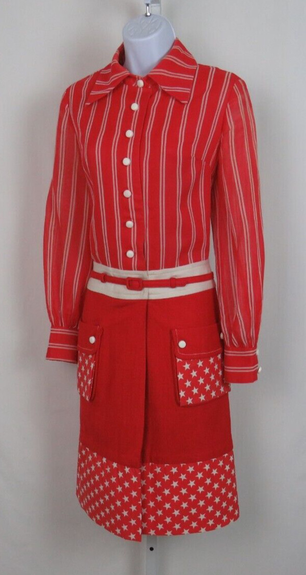VTG 1950s HOWARD WOLF RED SHIRT DRESS WHITE STARS STRIPES BELT LINEN BLEND