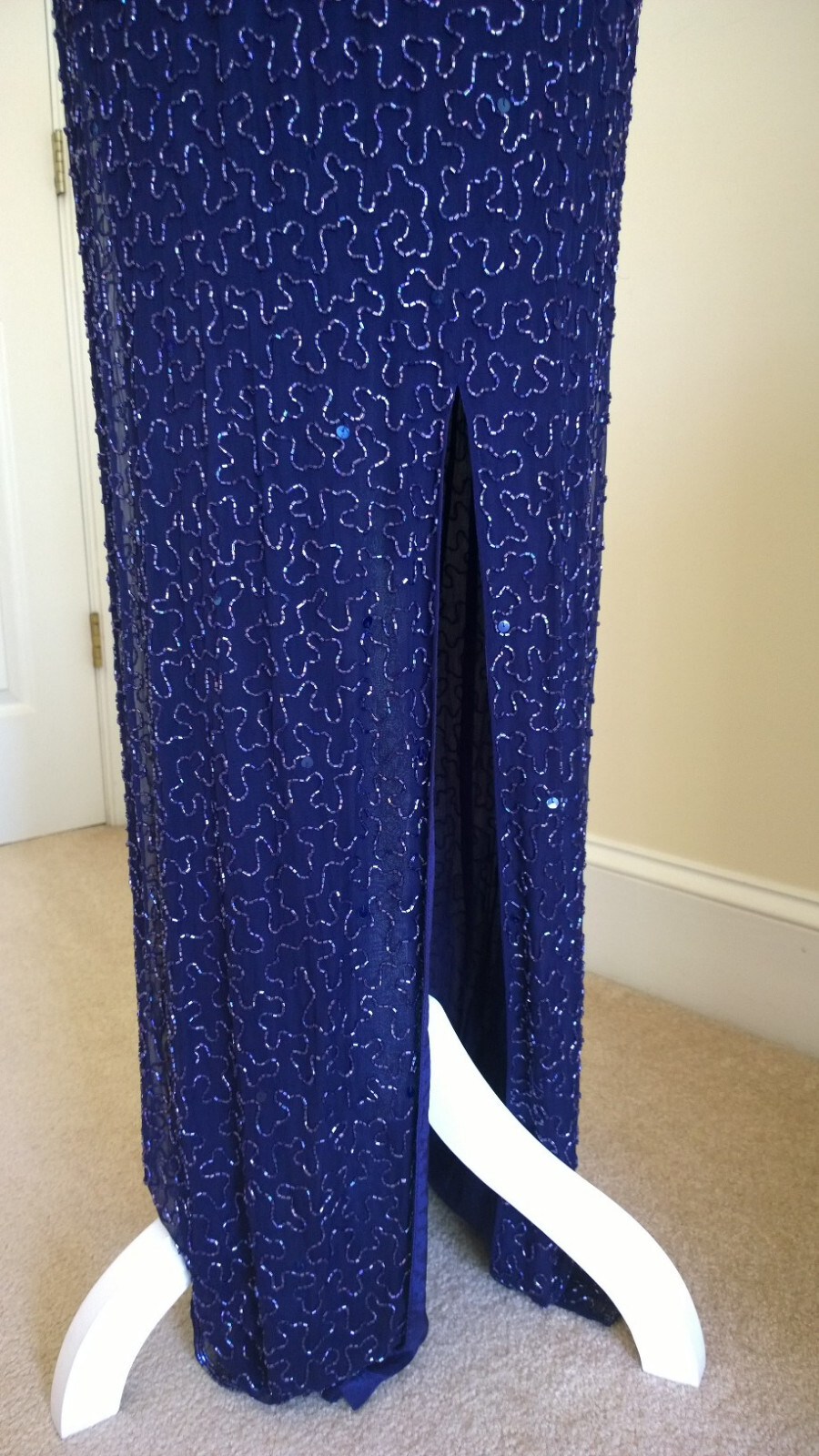 Vtg New Andretta Donatello Silk Beaded Formal Evening Gown Sexy Dark Blue Sz M