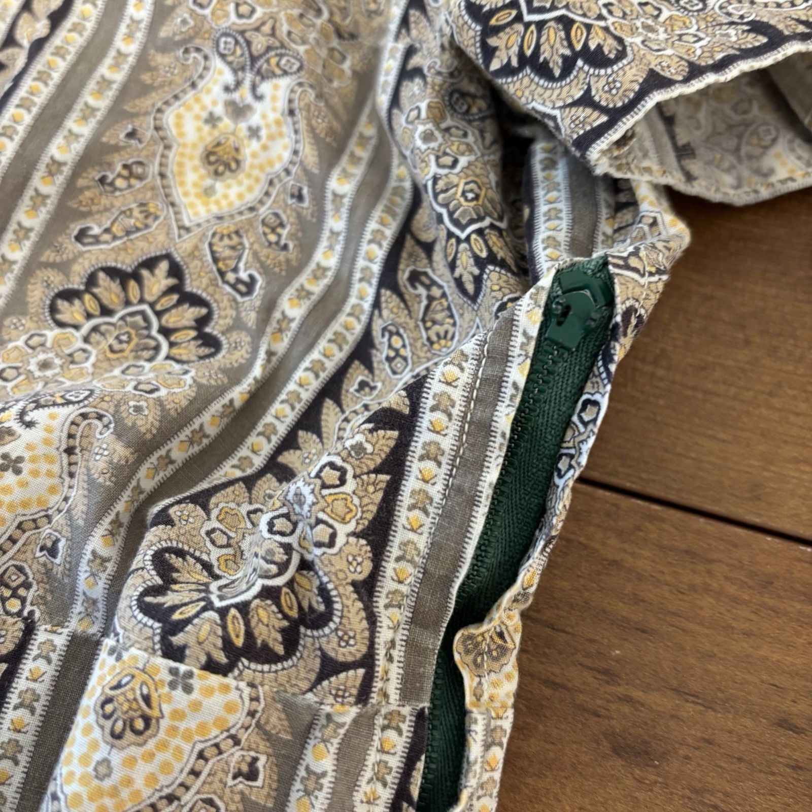 VTG 60s Handmade Paisley Border Print Dress Womens L/XL Mod MCM Boho Earth Tone