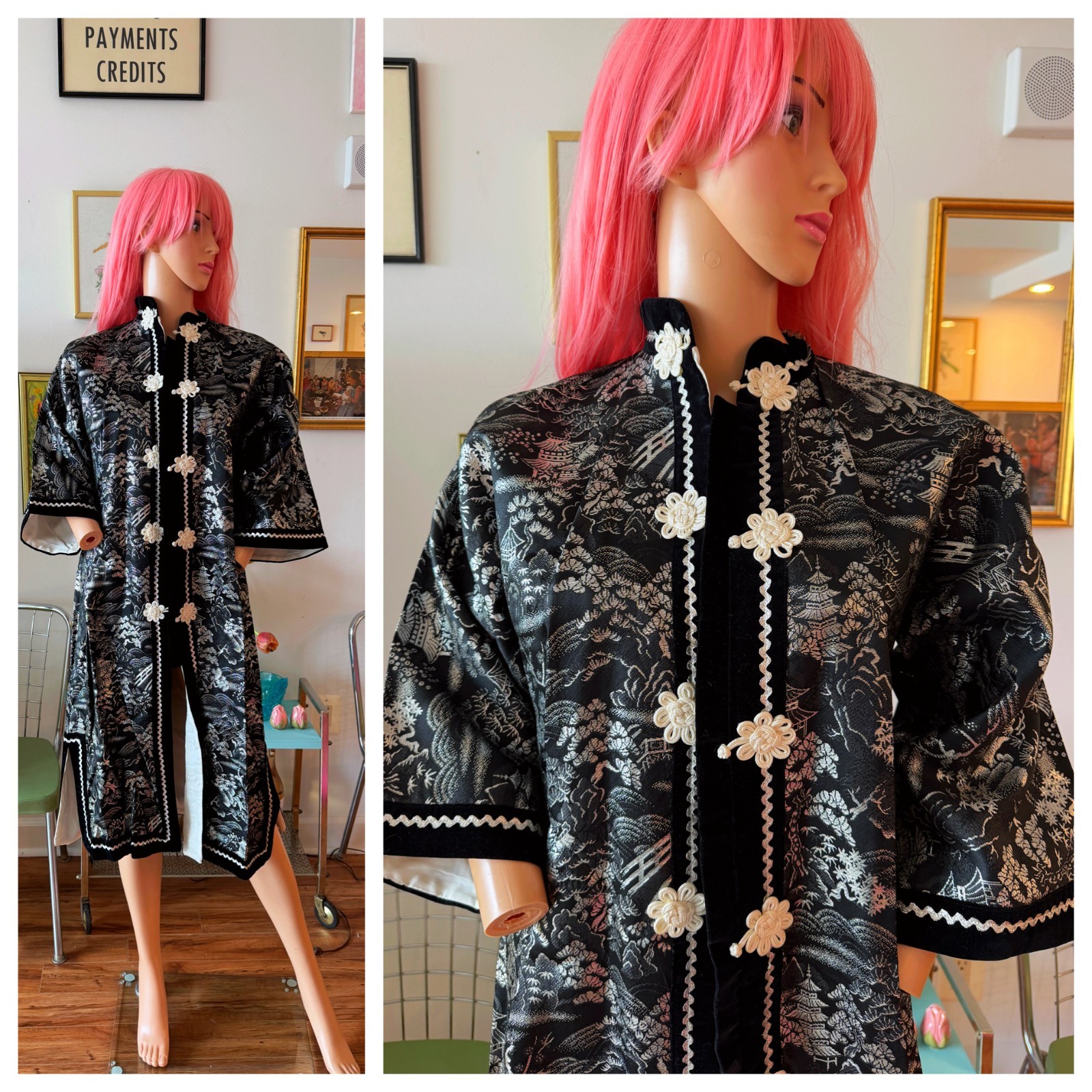 🖤 Vtg Japanese Scenic Brocade Kimono Jacket Pagoda Frog Closure Duster M L