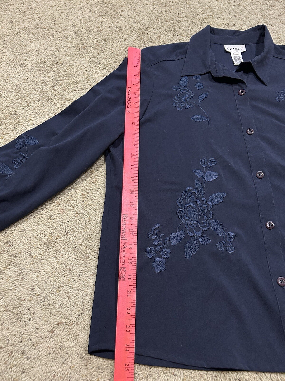 VTG 80s 90s GRAFF size PL L PETITE Blouse shirt top EMBROIDERED NAVY BLUE Y24