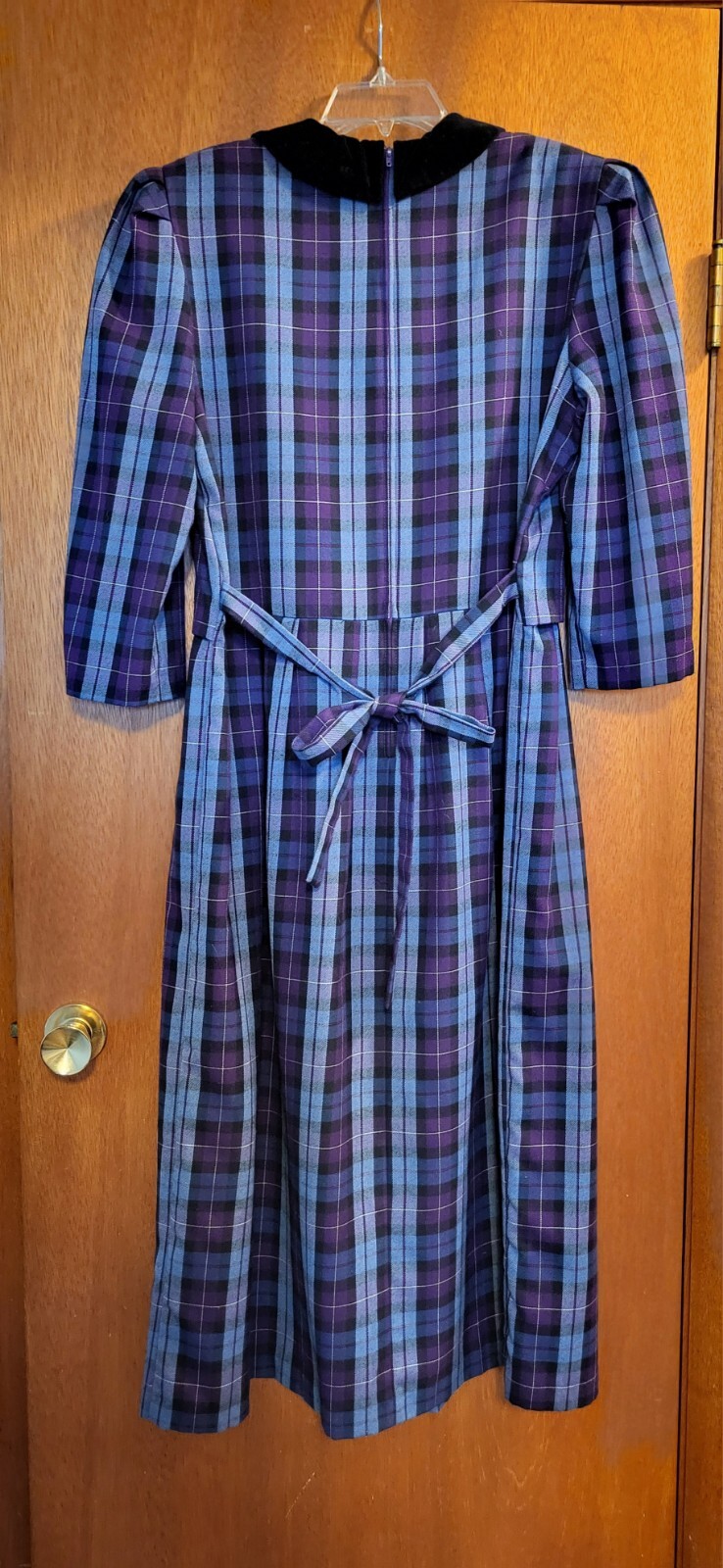 Vtg Miss Dorby 90’s Dress Midi Purple Blue Plaid Velvet Buttons Collar Sz 16