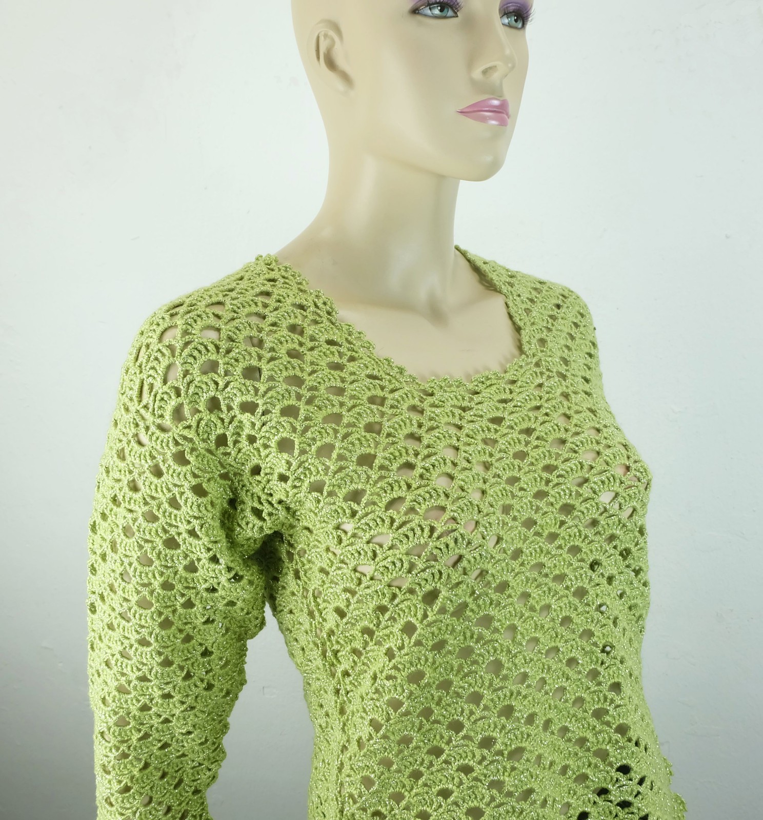70s true vintage SWEATER lime green with lurex size S glitter sweater hippie boho