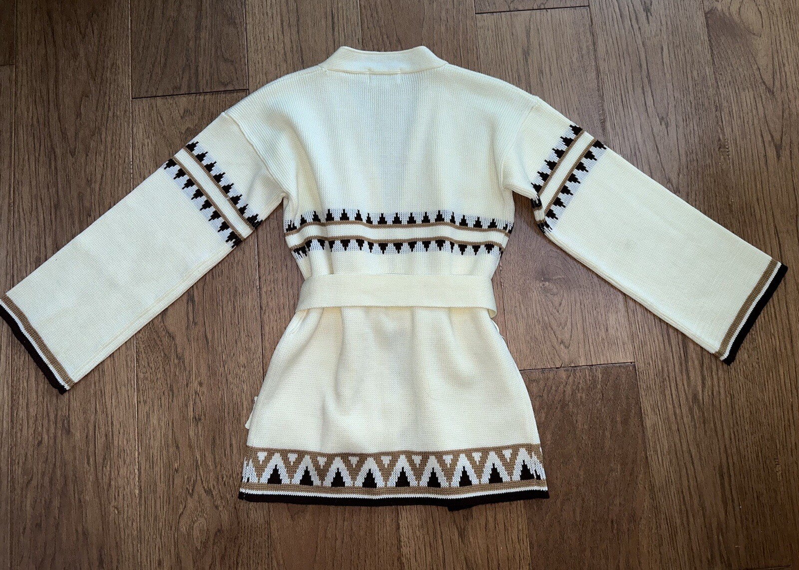 VTG 70s Chunky Knit Hippie Boho Fair Isle Belted Sweater Cardigan S Marshall Fld