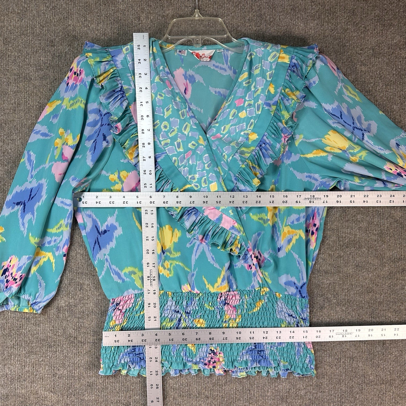 Susan Freis Sz L Blouse Resort Tropical Ruffle Vintage Smocking Floral Resort
