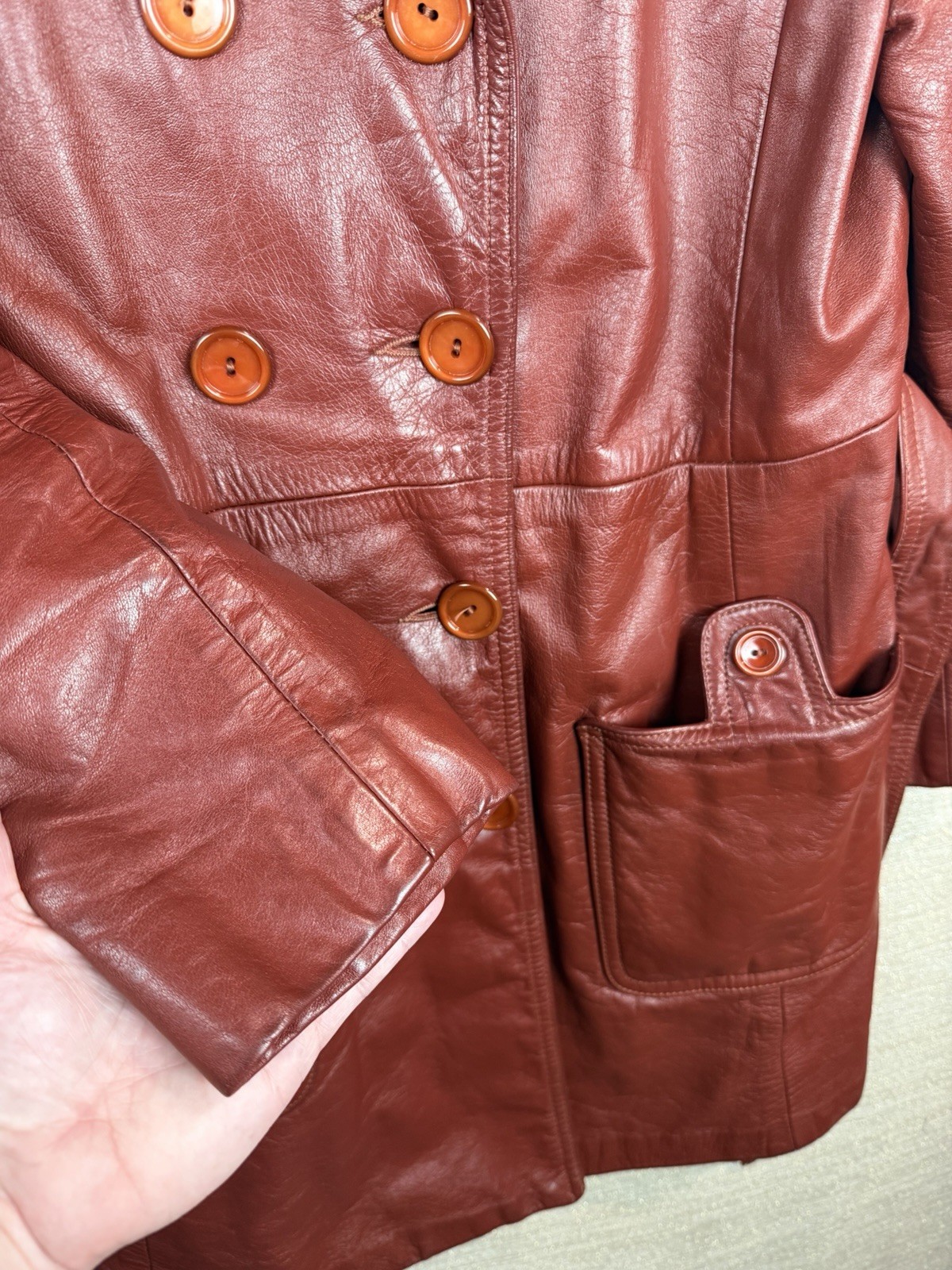 Vintage Cherry Red Leather Jacket Long Belted Mod Trench Coat 1970s Size 10
