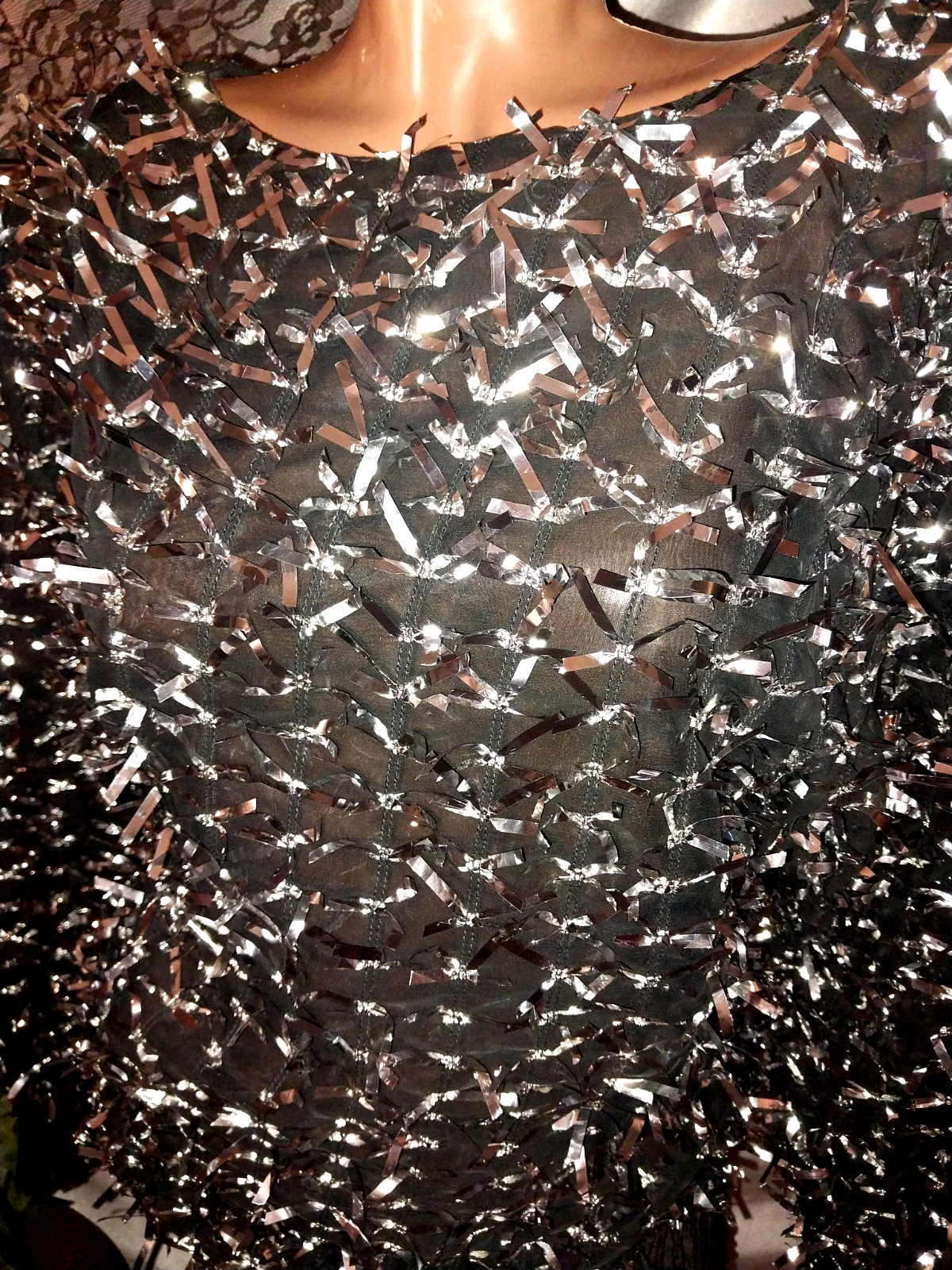 VTG NR1 NITE LIGHTS 80S SILVER FOIL BOWS BLOUSE SHEER CHIFFON BURLESQUE AVANT L