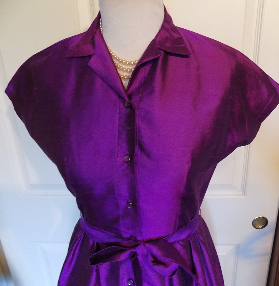 Vintage Purple Silk Dress Short Sleeve Matching Tie B35