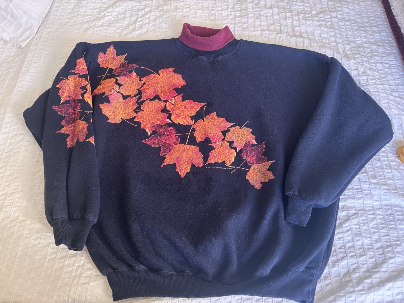 VTG 90s Crew Neck Sweatshirt Fall Leaves L/XL Navy And Maroon Preppy Nature Art