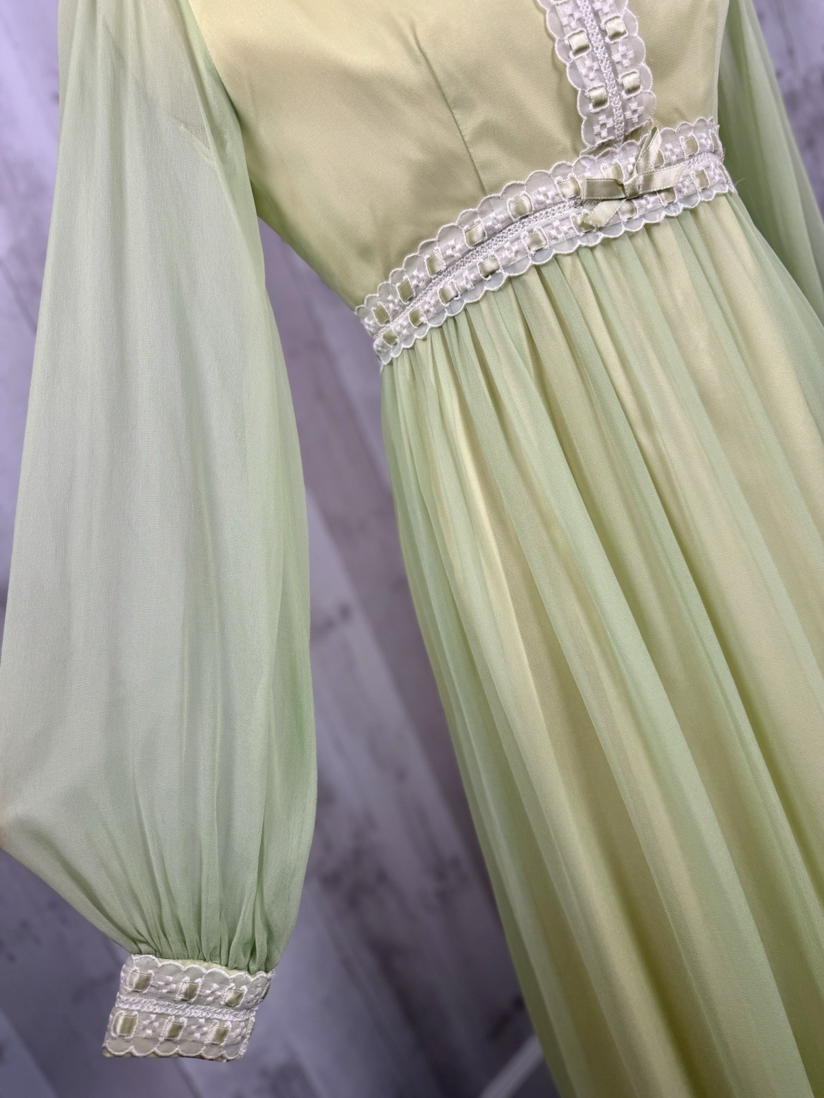 Vintage 70s Lorrie Deb Silk Chiffon Overlay Gown ~ Green Wedding Prom Maxi S/2
