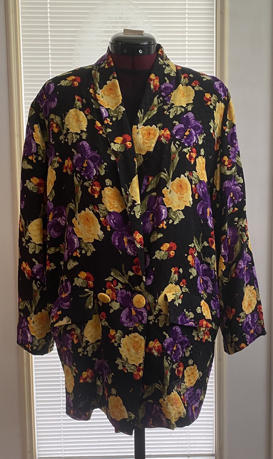 Vintage 80s LARUE Palm Beach Designer Silk Floral Jacquard Jacket S Loose Fit