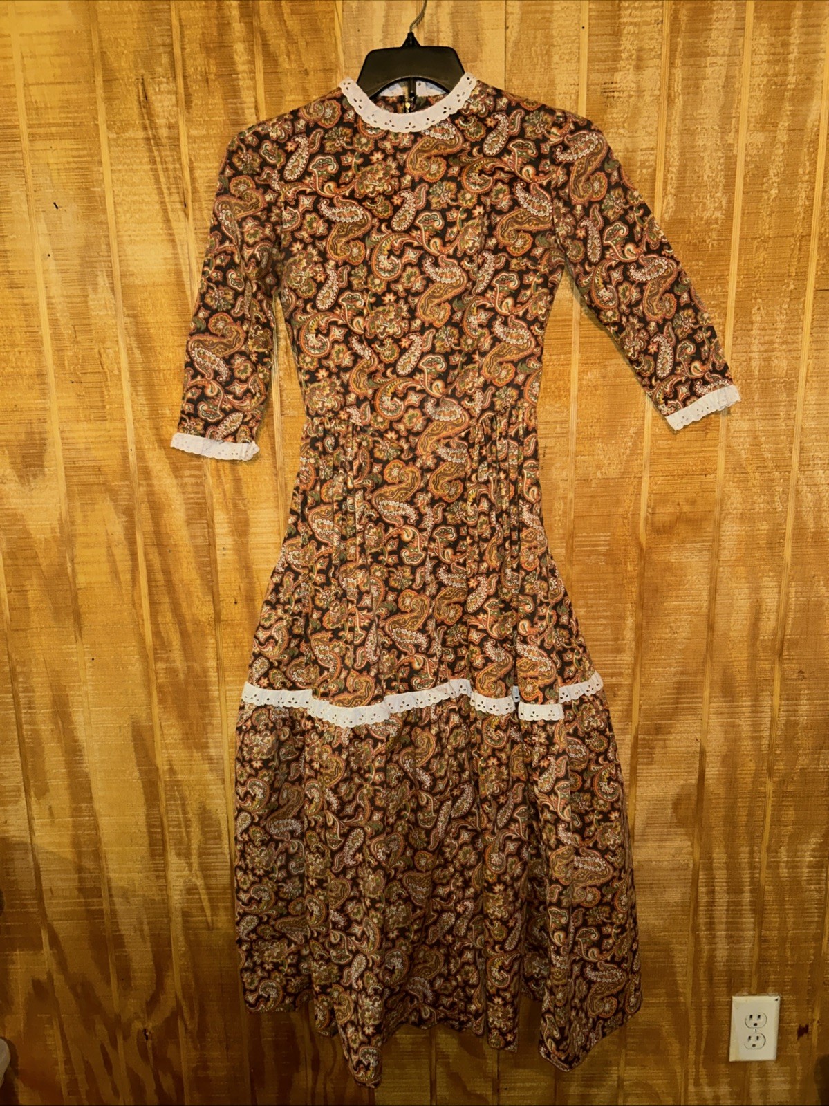 VTG 1970s Floral Prairie Maxi Dress Handmade Full Circle Skirt 3/4 Sleeve SZ S