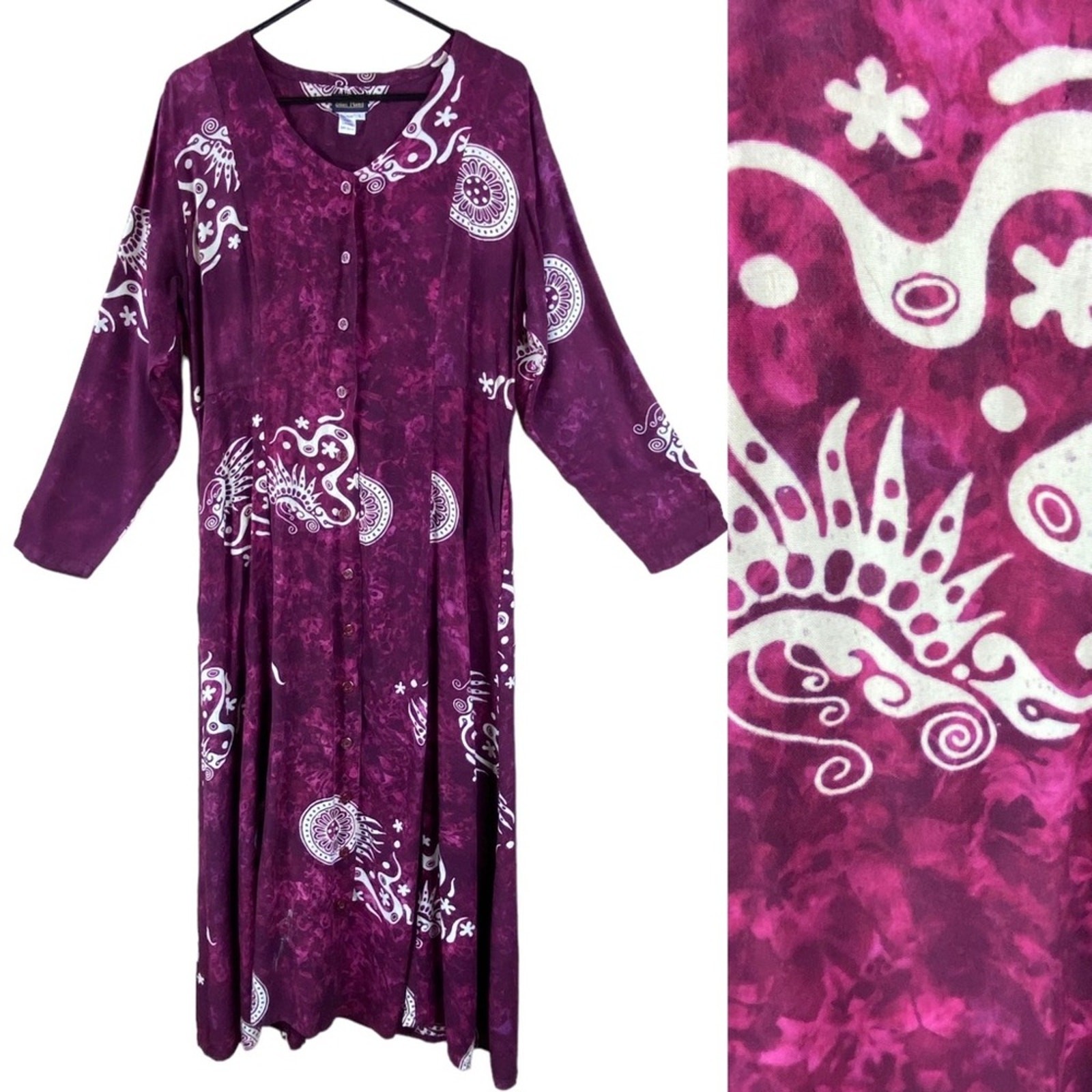 Vintage 90’s Boho Rayon Batik Tie Dye Button Front Maxi Dress Size L