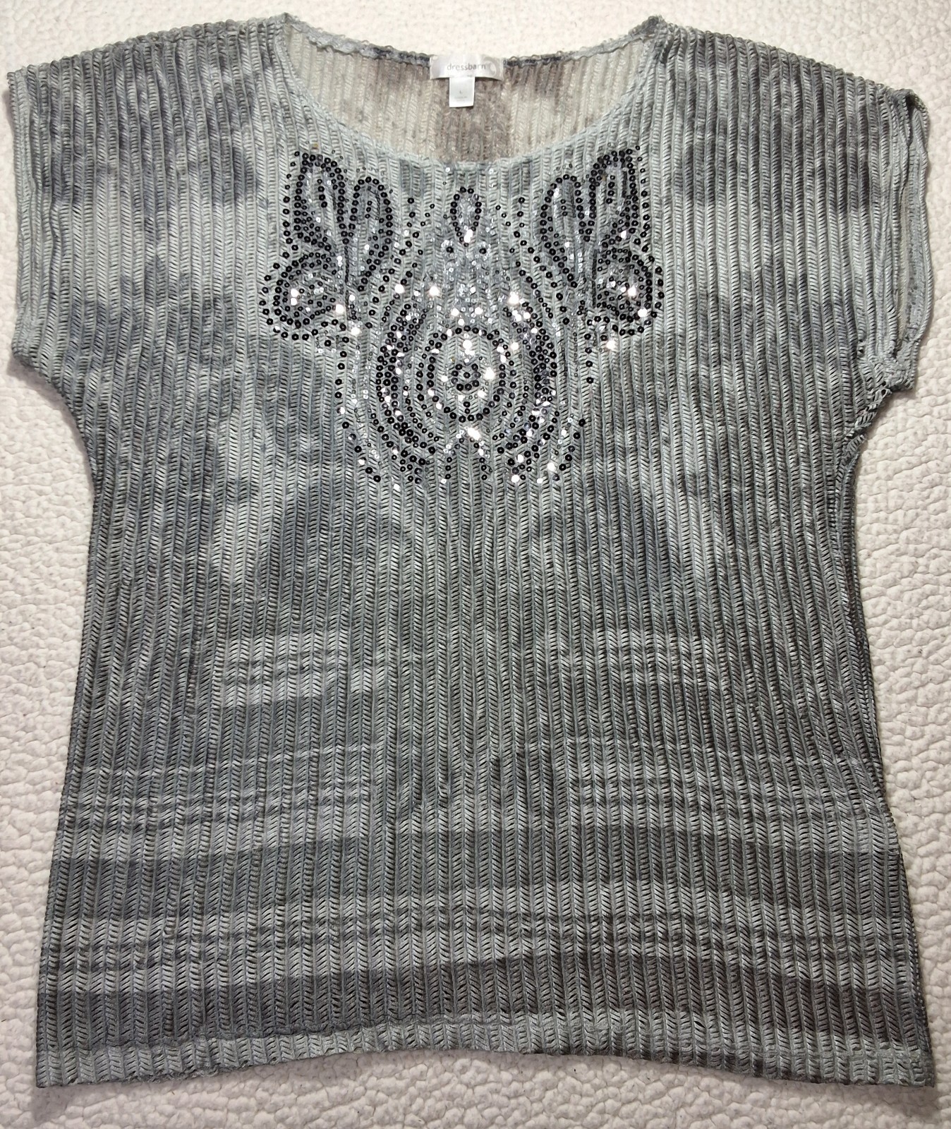 Vintage Late 1990s Short Sleeve Top Ornate Design Pleated Crinkle Knit Womens L