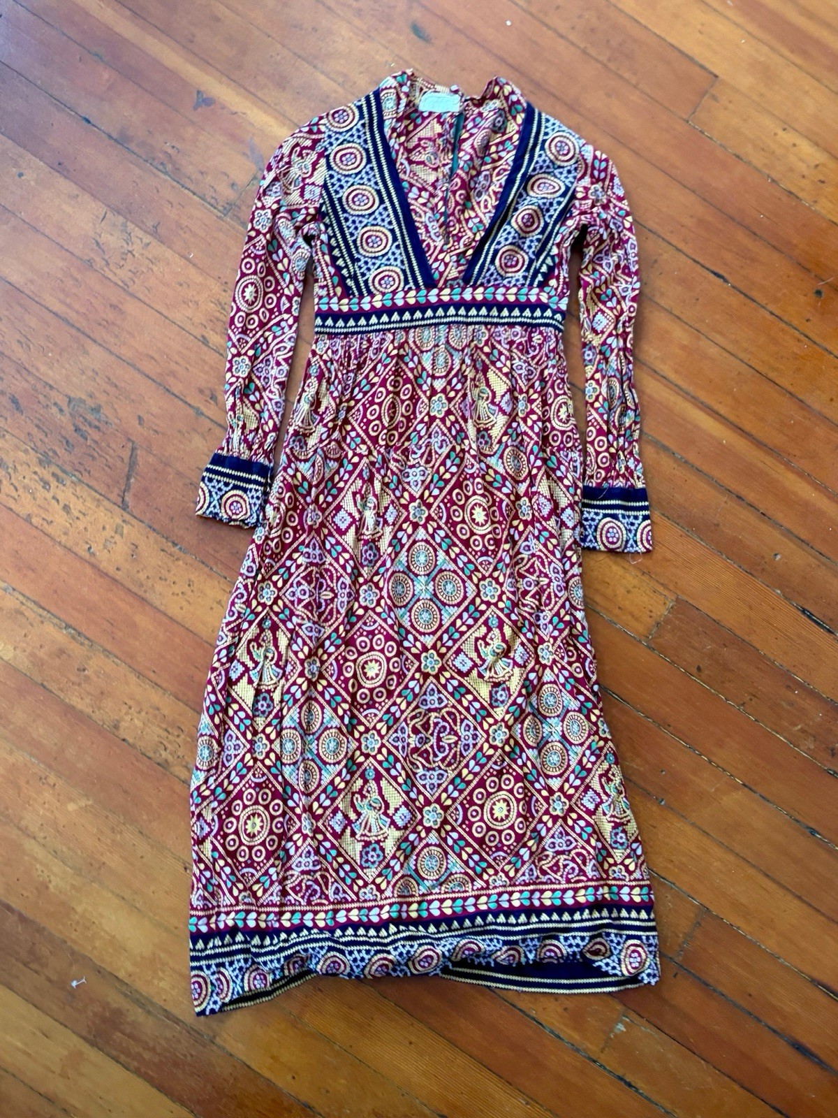 60s 70s Artisan Printed Pakistani Cotton Boho Hippie Empire Waist Maxi Dress XS
