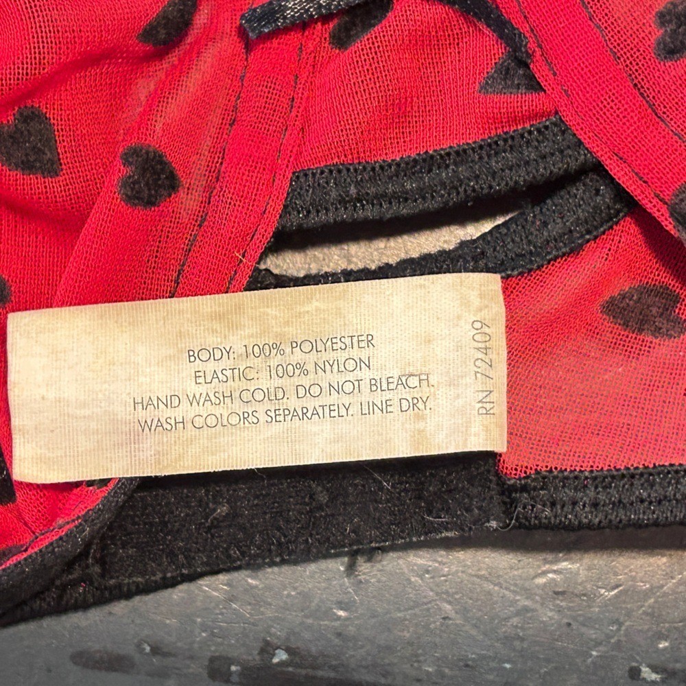 Vintage Red Mesh Heart Print Bra Sheer Black Trim 36B Sexy Date Night