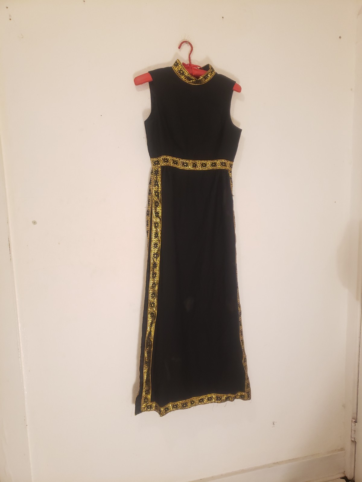 Vtg 60s 70s Grecian Style High Side Slits Maxi Dress Sz M AS IS Black Gold