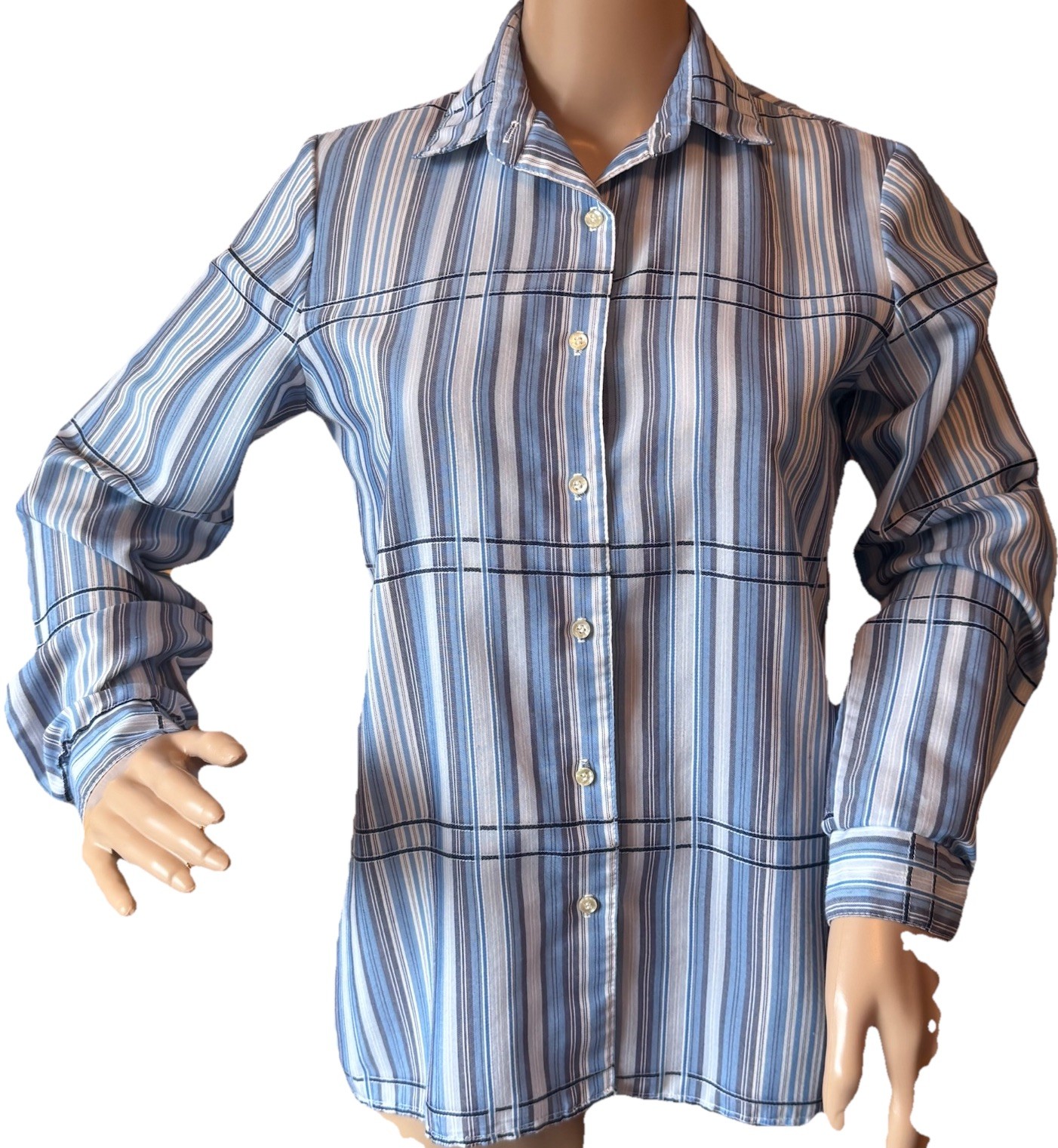 Vintage 70s Country Suburbans Striped Button Top 8 Blouse Union Label Blue White