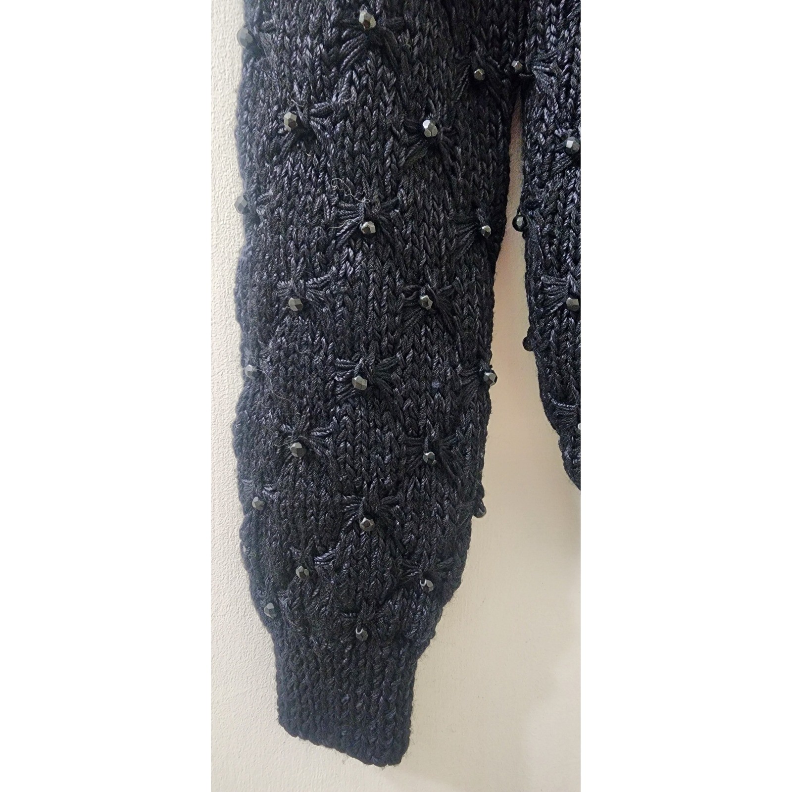 Lillie Rubin Vintage Hand Knit Beaded Angora Wool Sweater Black White Small