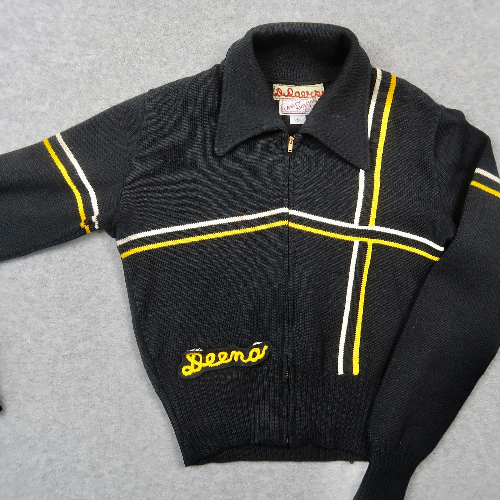 Vintage 70s Lasley Knitting Co Wool Full Zip S Sweater Black Yellow Stripe Talon