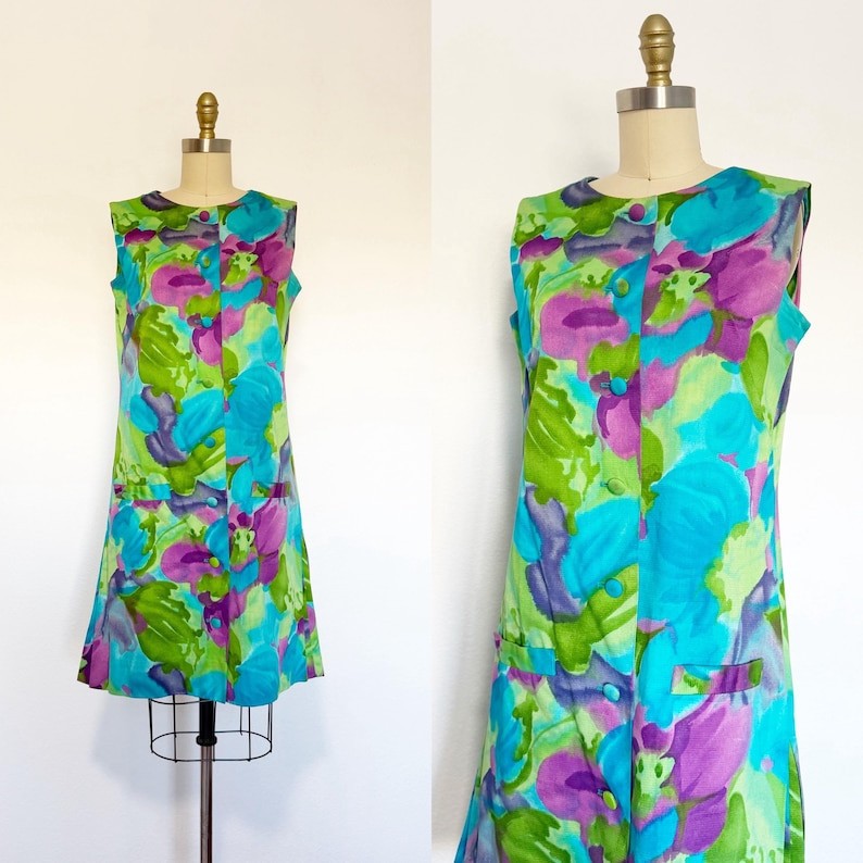 1960s Dress / 1960s Floral Dress / Garden Party Dress / Size Large